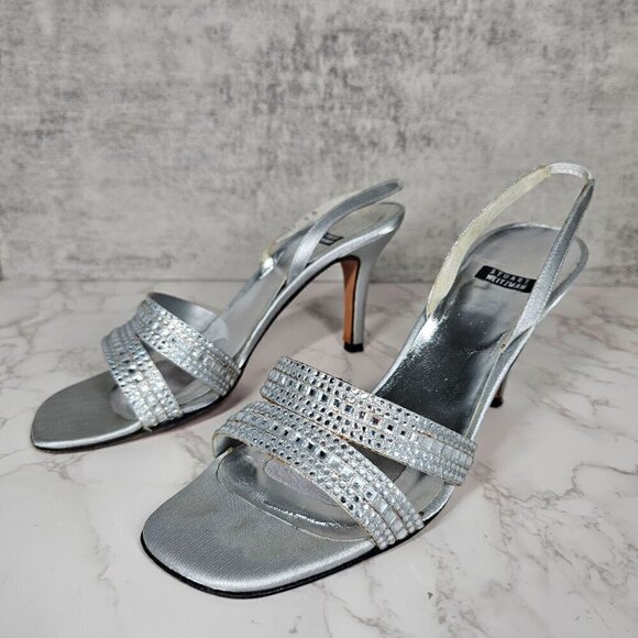 Stuart Weitzman Vintage Silver Leather Crystal Beaded Sling Back Heels Women 8B‎ - Picture 3 of 11
